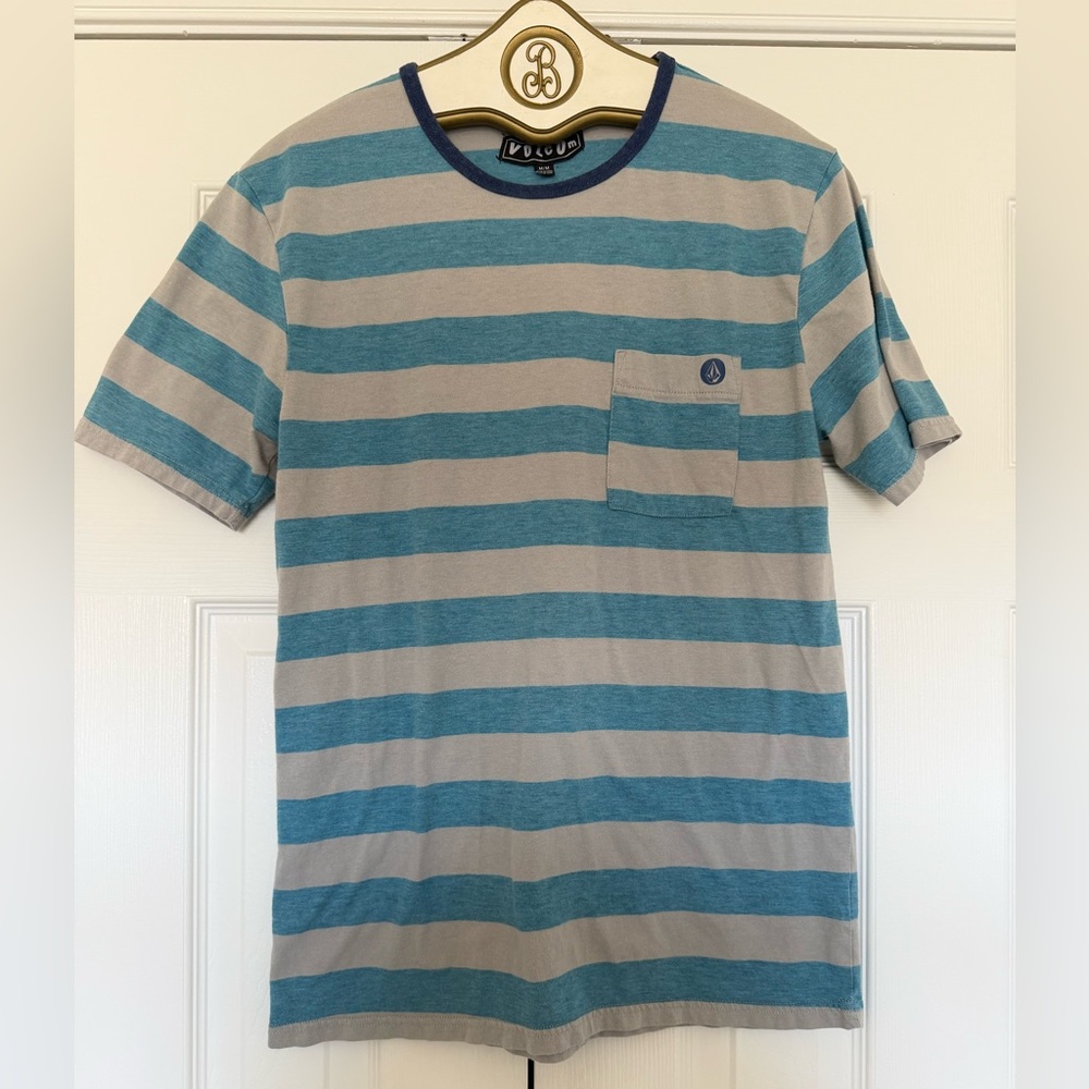 Volcom Blue and Gray Striped Pocket Tee